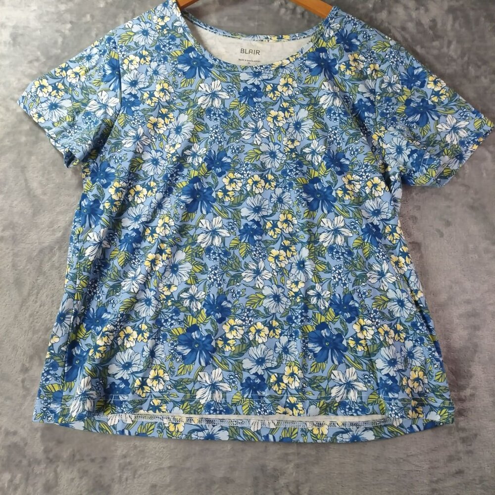 Blair Womens Floral Top PL Blue Yellow‎ Short Sleeve Lightweight Casual